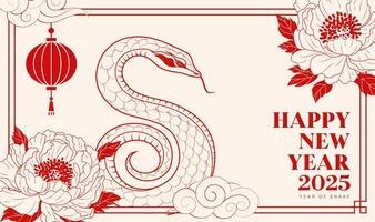 Spring Festival background design linear snake year elements and peony flowers vector
