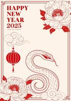Spring Festival poster design linear snake year elements and peony flowers vector