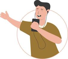 Man Listening Music Use Earphone in Smartphone vector