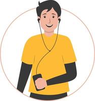 Man Listening Music Use Earphone with Yellow Clothes vector