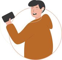 Man Listening Music Use Headset with Brown Jacket vector