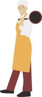 Man Chef with Yellow Apron Holding Frying Pan vector
