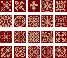 gold and red set of ancient Roman ornament elements. Classic European parts of patterns. Lilies and crowns. vector