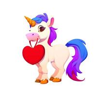 Cute cartoon unicorn character holds a red heart vector