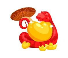 Funny red cartoon snake character hold gold heart vector