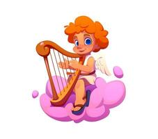 Cartoon valentine cherub playing a harp on cloud vector