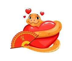 Funny cartoon snake character cuddles red heart vector