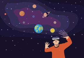man wearing VR glasses and touching the screen. Solar System with Planets vector