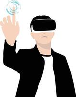 Man wearing VR glasses, hands up, touching the screen, doing data analysis vector