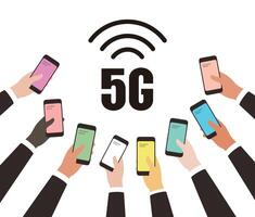 5G 5th generation mobile network wireless concept, many hans holding smart phone vector