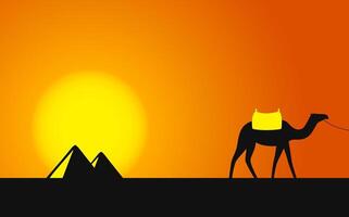 Egypt Great Pyramids with Camel caravan on sunset background - Illustration vector
