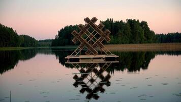 Floating Wooden Structure on Water with Forest and Colorful Sky video