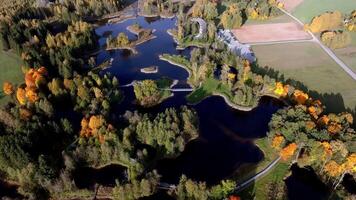 Aerial View of Interconnected Lakes with Autumn Foliage and Pathways video