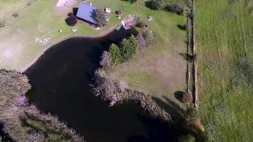 Aerial View of Pond and Building in Open Fields with Pathway video