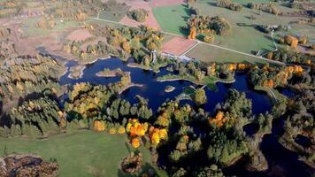 Aerial View of Lakes and Autumn Forest with Central Watch Tower video