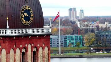 Aerial View of Riga Cathedral Clock Tower and Daugava River in Autumn video