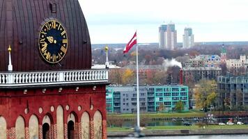 Aerial View of Riga Latvia with Latvian Flag and Clock Tower video