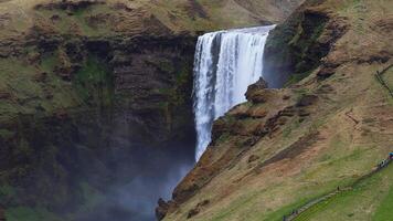Skogafoss Waterfall Cascading Over Moss Covered Cliffs in Iceland video