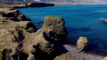 Rugged Icelandic Coastline with Cliffs and Snow Capped Mountains video