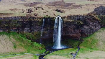 Seljalandsfoss Waterfall with Tourists on Path in Iceland video