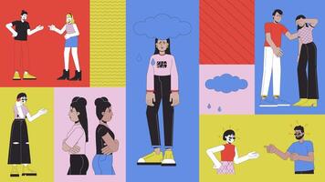 Annoyed depressed people animated bento grid layout. Quarrel conflict. Irritated arguing. Crying displeased adults 2D animation flat cartoon ui collage design. 4K motion graphic collection video