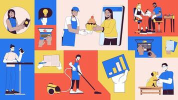 Jobs small business animated bento grid layout. Part time occupations. Ecommerce. Online entrepreneurs multinational 2D animation flat cartoon ui collage design. 4K motion graphic collection video
