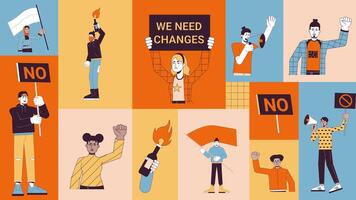 Protest demonstration animated bento grid layout. Free speech. Riots. Rebel activists diverse people with placards 2D animation flat cartoon ui collage design. 4K motion graphic collection video