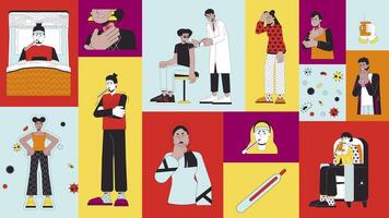 Staying sick at home animated bento grid layout. Fever high, cold symptoms, immunization. Multinational flu people 2D animation flat cartoon ui collage design. 4K motion graphic collection video