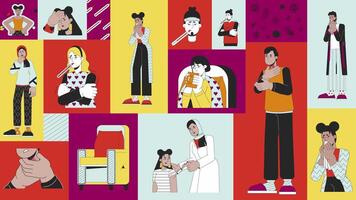 Illnesses seasonal animated bento grid layout. Winter sickness symptoms. Flu vaccine. Diverse people sick cold 2D animation flat cartoon ui collage design. 4K motion graphic collection video
