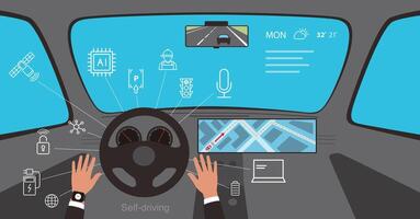 Man hands up, using a modern self-driving car vector