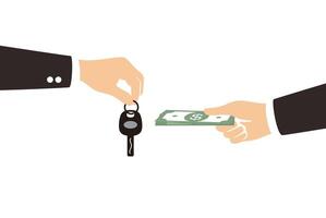 Exchanging concept, hands with car key and dollars. vector