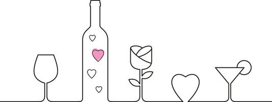 Linear style design for Valentines Day with wine glasses, rose and heart shaped, vector