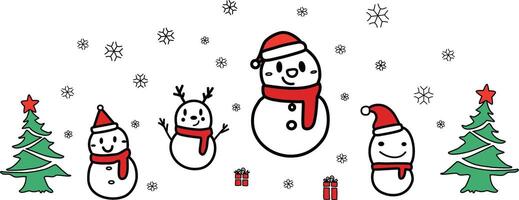 Merry Christmas, many snowman get together with tree vector