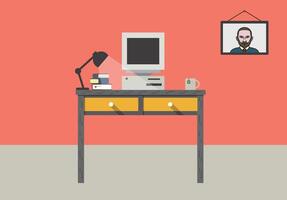 Old working place, desk with old computer and other things, illustration vector