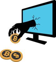 A hand broken the computer screen, stole the golden coins vector