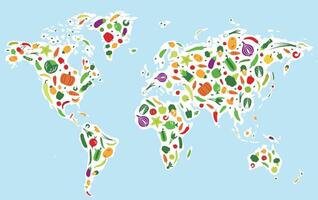 Vegetables and fruit icons in the map of the world, illustration vector