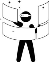 Man wearing VR glasses, hands up, touching the screen, doing data analysis vector