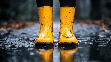 A pair of yellow rain boots, covered in mud, standing on the muddy ground. photo