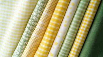 A set of yellow and green gingham fabric featuring patterns. photo