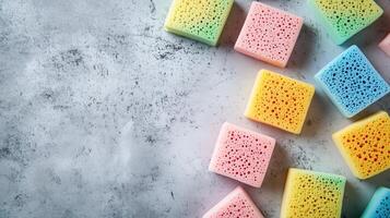 Stacks of sponges for cleaning on a gray background. photo