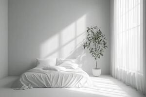 Bright and airy bedroom with white bedding and sunlight filtering through large windows photo
