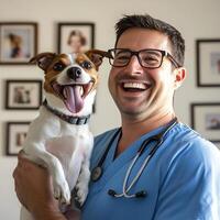 Vet smiles while holding happy dog in clinic during afternoon visit photo