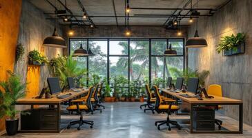Modern open office space with vibrant decor and natural lighting during the day photo