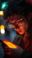 Young woman gazes at phone screen during evening in soft, warm light photo