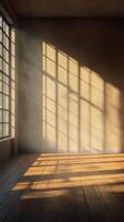 Bright and airy room with shadows and a small table featuring a decorative plant photo