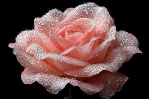 Beautiful pink rose with dew drops glistening in the light against a black background photo