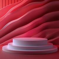 Red wave backdrop with circular platform for presentation or display in a modern setting photo