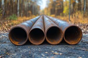 Rusty metal pipes lie on a dirt path surrounded by autumn foliage in a forested area photo