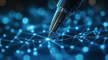 Writing with a futuristic pen on a glowing blue surface with interconnected nodes and lines photo