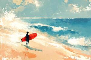 Surfer gazing at waves on a sunny beach during a perfect day for surfing photo
